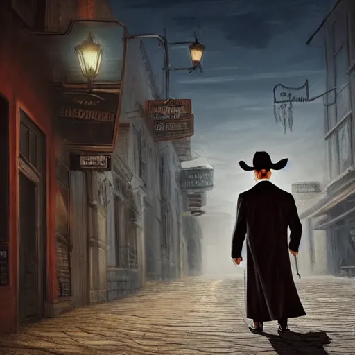 Prompt: a man with a long coat,grey hair and a cowboy hat walking in a western town, drawn by Shaddy Safadi, portrait, fantasy art, dramatic lighting, digital art, 8k, highly detailed