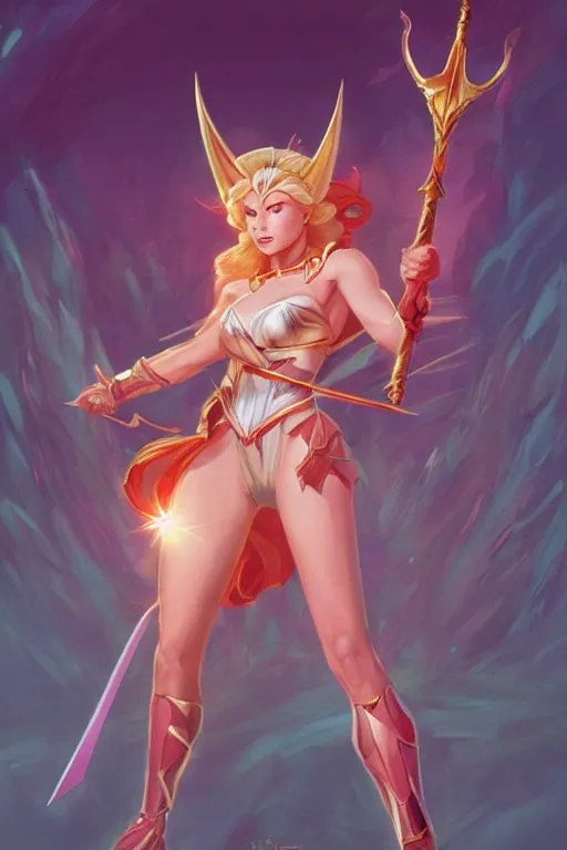 Prompt: she - ra with sword, fantasy, d & d, portrait, highly detailed, big breasts!!, digital painting, trending on artstation, concept art, sharp focus, illustration, art by artgerm and greg rutkowski and mucha and magali villeneuv