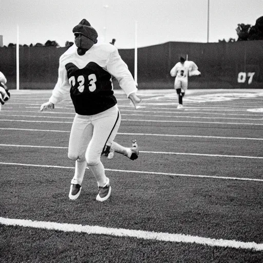 Prompt: the funky chicken runs across a football field, interrupting the big game, 3 5 mm