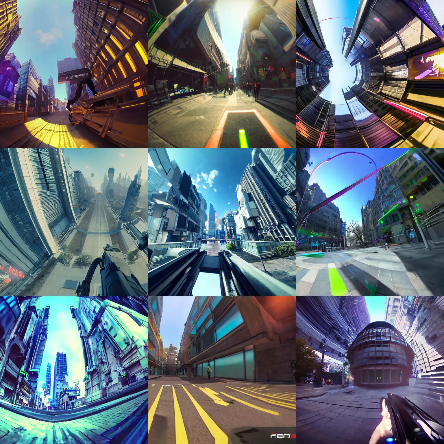 Prompt: RTX on. Raytracing. incredible lighting. Global illumination. Gameplay screenshot. Octane Render. Masterpiece. First person GoPro headcam footage. Parkour through futuristic neon sci-fi city streets. Fisheye lense photograph.