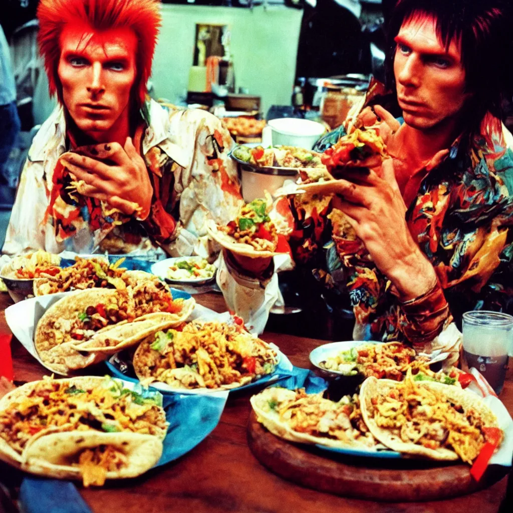 Prompt: ziggy stardust eating tacos clean 7 0 s kodak color photo look ultra detailed