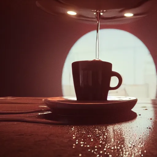 Image similar to : sloppy old cup of coffee with fluid flyingout the cup ,hyper detailed art station  parabolic lighting unrealengine ,cinematic, hyper realism, high detail, octane render, 8k