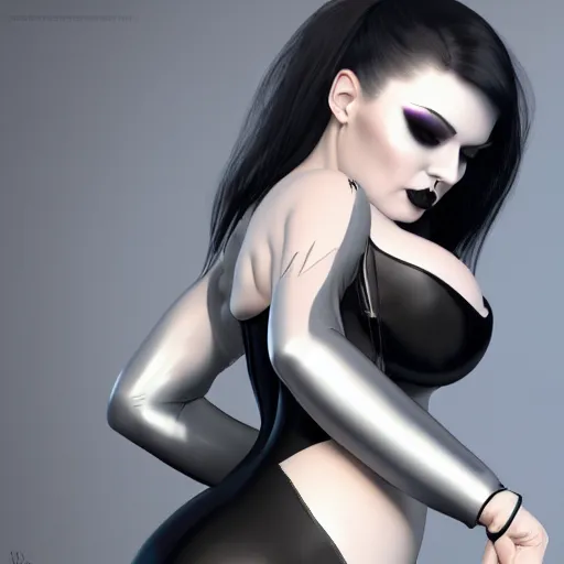 Image similar to curvy feminine pale goth woman with elegant tight black-silver nylon and latex outfit, cgsociety, realistic, highly detailed, sublime, 16k, smooth, sharp focus, trending on ArtStation, hyperdetailed, volumetric lighting