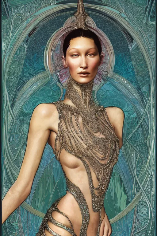 Prompt: a highly detailed painting of a beautiful alien goddess bella hadid in iris van herpen dress schiaparelli in diamonds in style of alphonse mucha art nuvo octane render