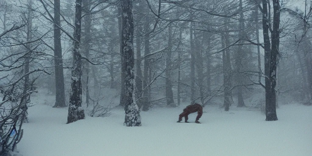 Image similar to photo, bigfoot is hiding in the background, barely able to be seen. cold color temperature, snow storm. hazy atmosphere. humidity haze. kodak ektachrome, greenish expired film, award winning, low contrast