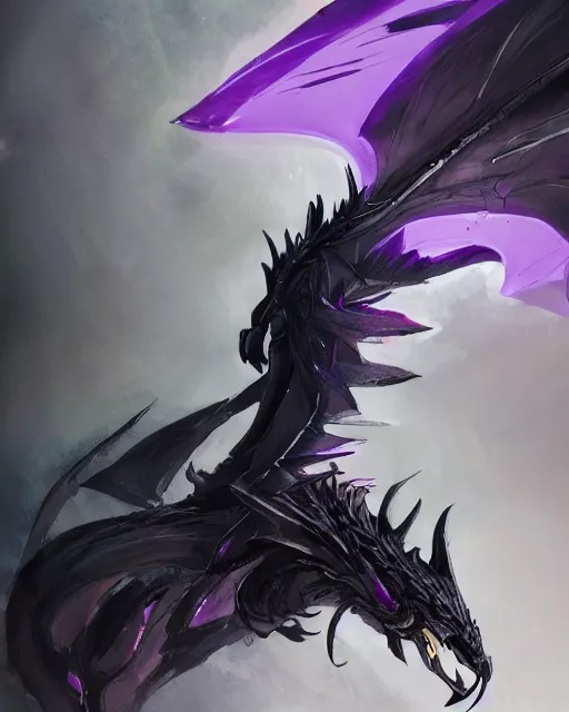 Image similar to concept art of a black dragon with purple neon wings, highly detailed painting by dustin nguyen, akihiko yoshida, greg tocchini, 4 k, trending on artstation, 8 k