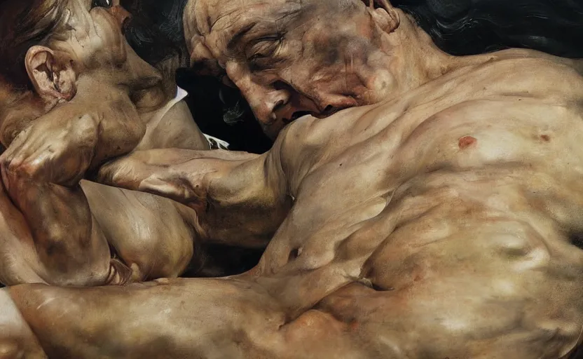 Prompt: high quality high detail painting by lucian freud and frank frazetta and jenny saville, hd, depressing, muted colors, cinematic