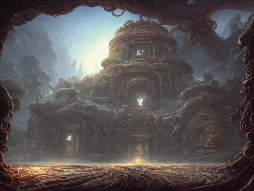 Prompt: A picture of a mysterious ancient temple with tentacles coming out of the massive entrance art by Noah Bradley and Tyler Edlin, ominous, cosmic horror, trending on artstation, Ultra detailed, hyper realistic, 4k