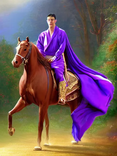 Prompt: a handsome man weaing a purple silk robe, happy and disarmed, laurels of glory, returns to home triunphantly mounted in a horse. full of pride. victorirous. prideful.. intricate, elegant, highly detailed, digital painting, artstation, concept art, sharp focus, illustration, by justin gerard and artgerm, 8 k