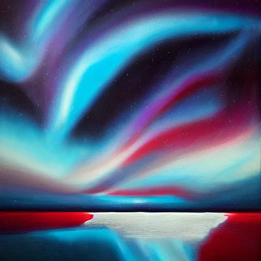 Prompt: the epic orphism painting'blue arctic void with black and red aurora borealis ', stunning masterpiece, trending on artstation