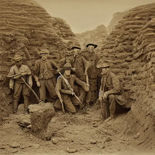 Prompt: ultra detailed photorealistic sepia - toned photo from 1 9 1 7, a small group of british soldiers standing at an archaeological dig site in wadi rum, ultra realistic, painted, intricate details, lovecraft, atmospheric, dark, horror, brooding, highly detailed, by clyde caldwell