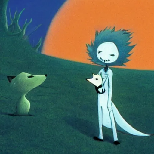 Image similar to the little prince talking to the fox, the nightmare before christmas art style, movie shot