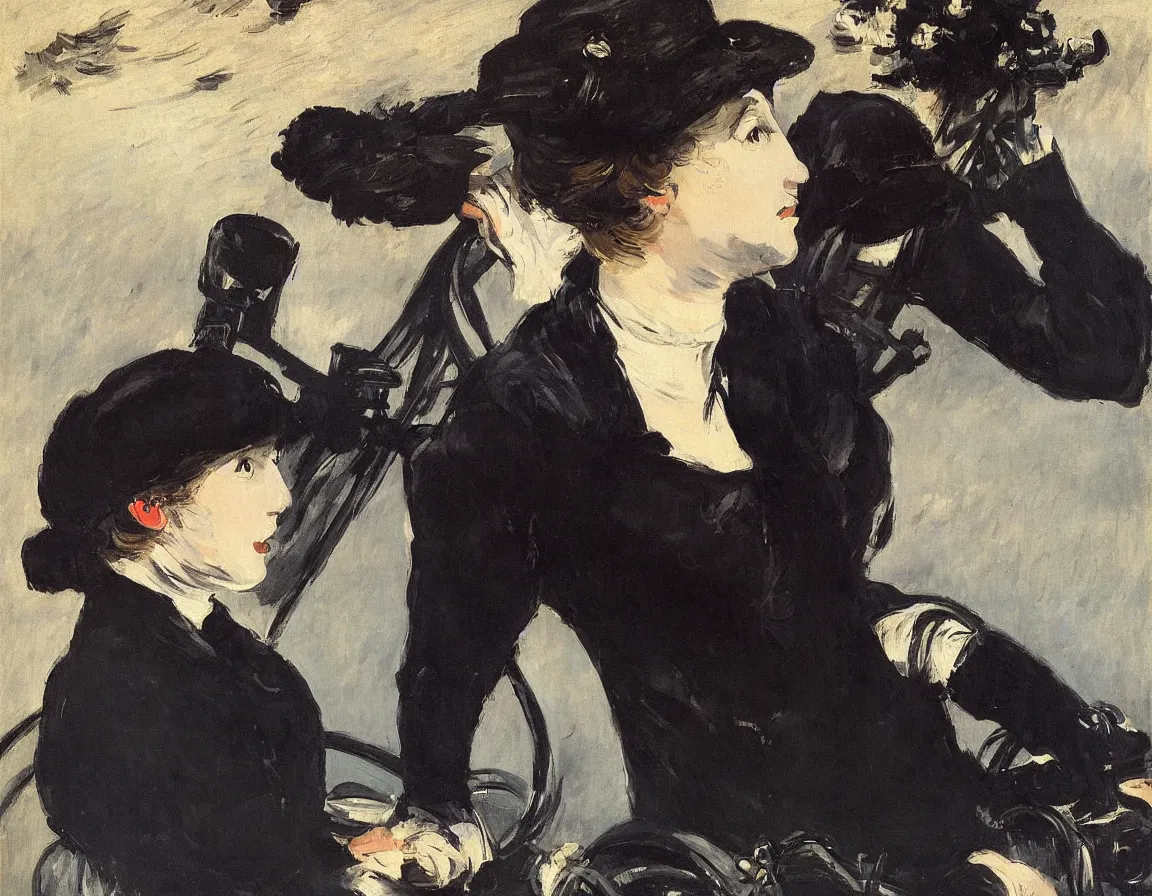 Image similar to edouard manet. a wide portrait of a marie from the side all dressed in black on a motorcycle on a highway looking over her shoulder towards us. blue sky. there is another motorcycle blurred in the background. precise thin brush strokes. expressive. emotional. modern.