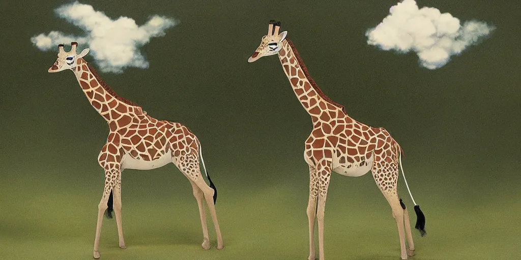 Prompt: giraffe with angel wings on its back, full body shot, wings, by studio ghibli