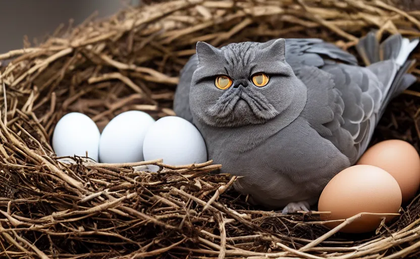 Image similar to A pigeon and an exotic shorthair cat guarding eggs in a nest, eggs, birds, nest is made of sticks, national geographic, odd, depth of field, photorealistic