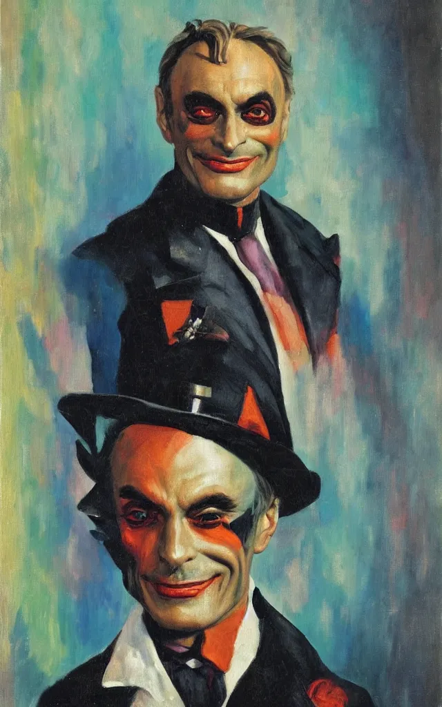 Prompt: portrait of conrad veidt as gwynplaine freakish grin, award winning oil painting, sharp color palette