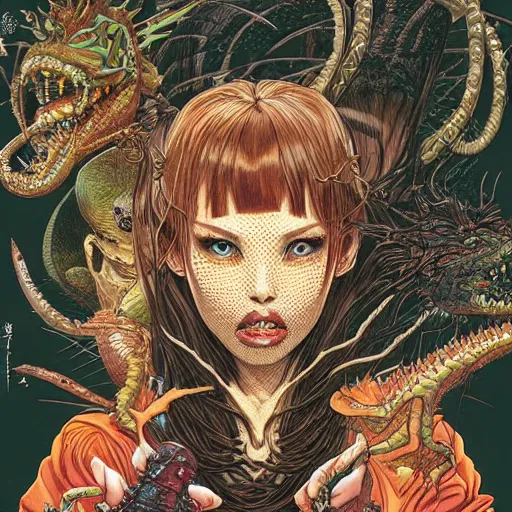 Prompt: portrait of crazy dark girl with reptiles, symmetrical, by yoichi hatakenaka, masamune shirow, josan gonzales and dan mumford, ayami kojima, takato yamamoto, barclay shaw, karol bak, yukito kishiro