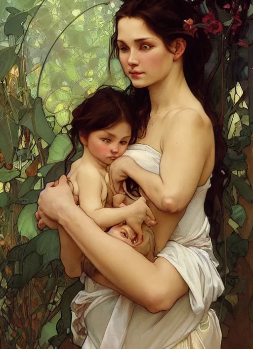 Prompt: a beautiful painting of a mother cradling her baby, stunning painting by by artgerm and greg rutkowski and alphonse mucha