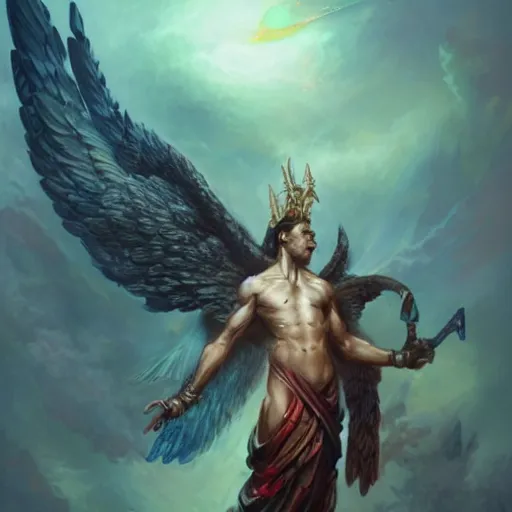 Prompt: full body shot of a male god with wings on his shoulder, digital art by raymond swanland and peter mohrbacher, 8 k,