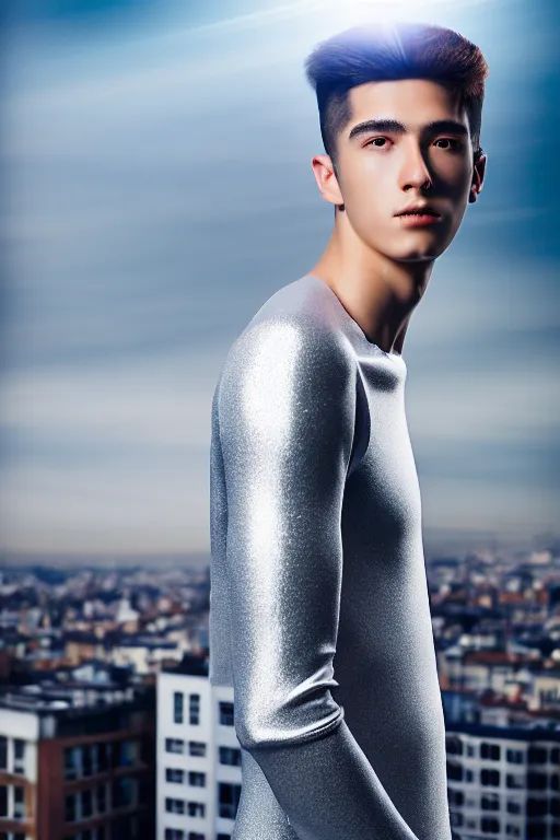 Image similar to un ultra high definition studio quality photographic art portrait of a young man standing on the rooftop of a british apartment building wearing soft padded silver pearlescent clothing. three point light. extremely detailed. golden ratio, ray tracing, volumetric light, shallow depth of field. set dressed.