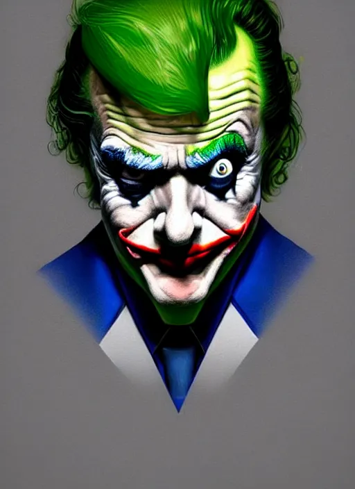 Image similar to portrait of donald trump as the joker, green hair, intricate, elegant, glowing lights, highly detailed, digital painting, artstation, concept art, sharp focus, illustration, art by wlop, mars ravelo and greg rutkowski