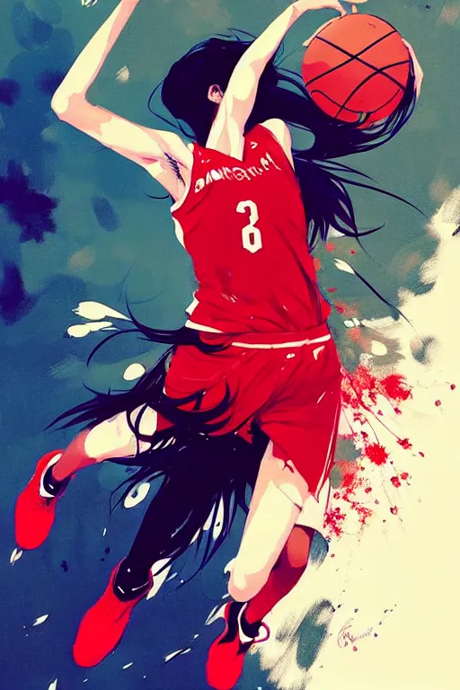 Image similar to a ultradetailed beautiful panting of a woman playing basketball, by conrad roset, greg rutkowski and makoto shinkai, trending on artstation