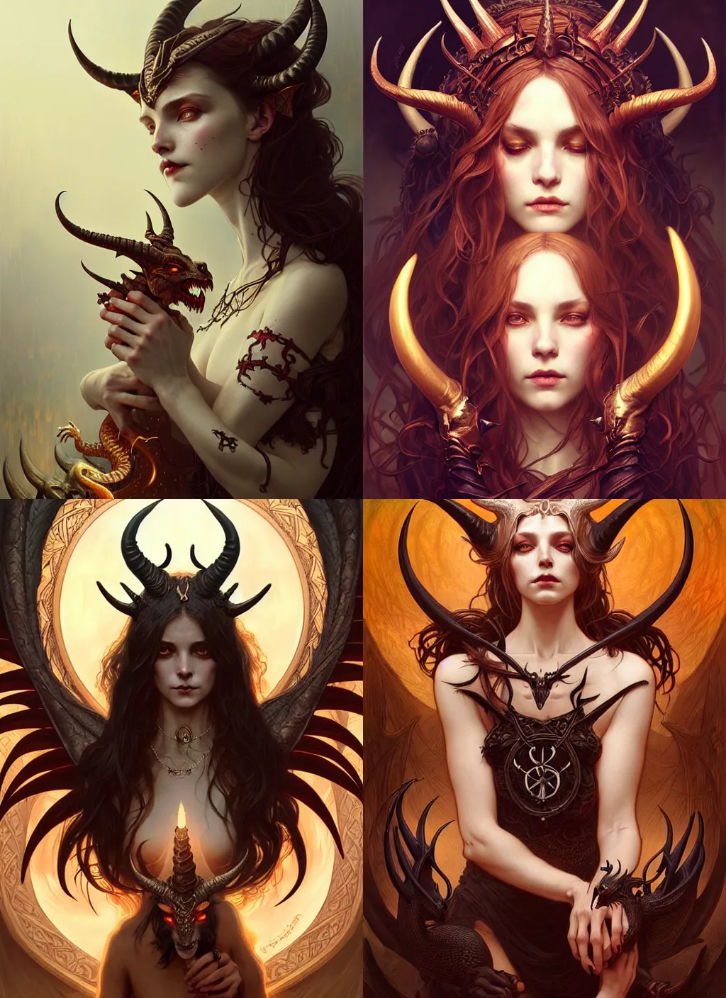 Prompt: a beautiful illustration of a satanic witch with horns in head holding a dragon, intricate, sharp focus, illustration, highly detailed, digital painting, concept art, matte, art by wlop and artgerm and greg rutkowski and alphonse mucha, masterpiece