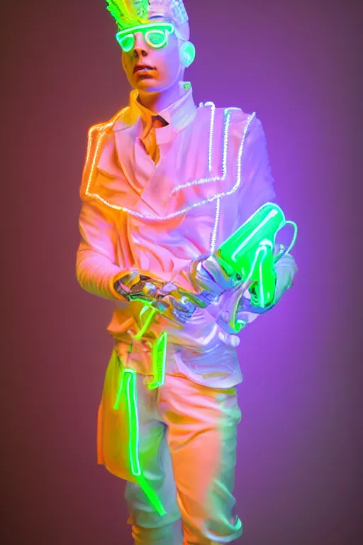 Image similar to full-body neon porcelain baroque bladerunner greek style sculpture of a young royal Ozuna as a high-fashion half-robot wearing retro shades with a porcelain body with an opening exposing a battery leaking green glowing radioactive liquid, electric sparks, glowing violet laser beam eyes, crown of giant rubies, flowing pink and orange neon-colored silk, luminescent fabrics, mechanical raptors. baroque and steampunk elements. full-length view. baroque element. intricate artwork by caravaggio. Very very very very highly detailed epic photo of face. Trending on artstation, octane render, cinematic lighting from the right, hyper realism, octane render, 8k, depth of field, 3D