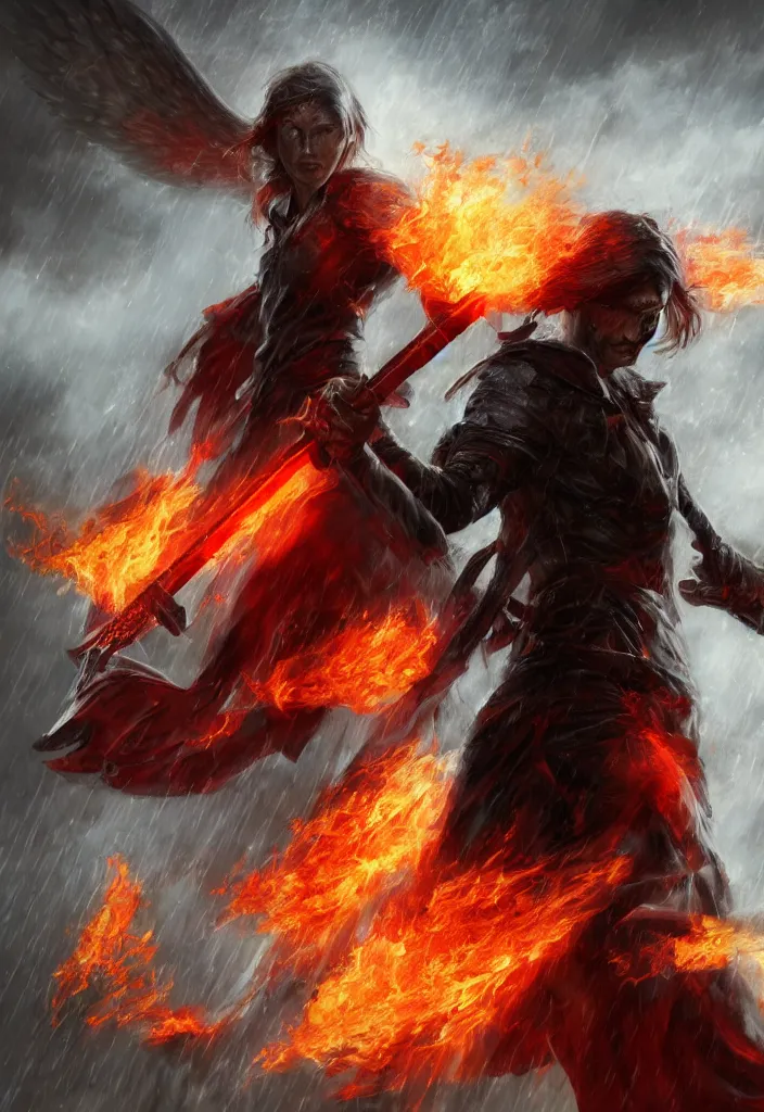 Image similar to an angel with red eyes and a flaming sword standing in heavy rain while doing a heroic pose, oil on canvas, realistic, concept art, fantasy, 8 k, digital art.