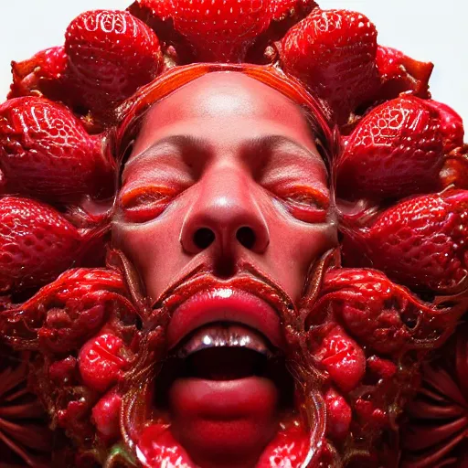 Image similar to man's head made out of strawberry skin, head is exploding in a swirl of jam : ornate, dynamic, particulate, intricate, elegant, highly detailed, centered, artstation, smooth, sharp focus, octane render