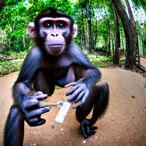 Prompt: A monkey smoking methamphetamine out of a crack pipe, fisheye lens