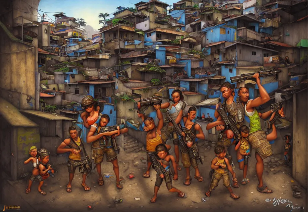 Prompt: photorealistic favela rio with guns and kids in by Justin Gerard