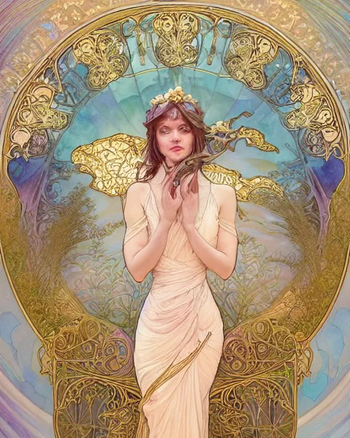 Image similar to god, highly detailed, very intricate, art nouveau, gold filigree, romantic storybook fantasy, soft cinematic lighting, award - winning, disney concept art watercolor illustration by mandy jurgens and alphonse mucha and alena aenami, pastel color palette, featured on artstation