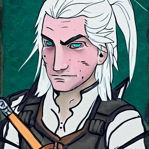 Prompt: cute Geralt of Rivia in the style of a Madoka Kinoshita painting