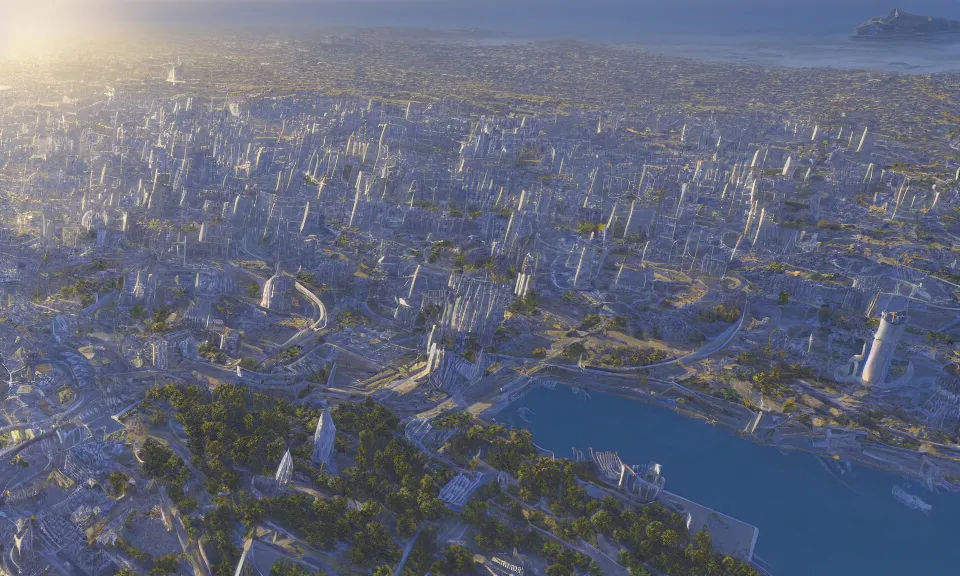 Image similar to circular city on the coast, high walls, aerial view, ray tracing reflections, ray traced shadows, parallax, photorealistic, crepuscular rays, highly detailed, volumetric lighting, ultra - hd, 8 k