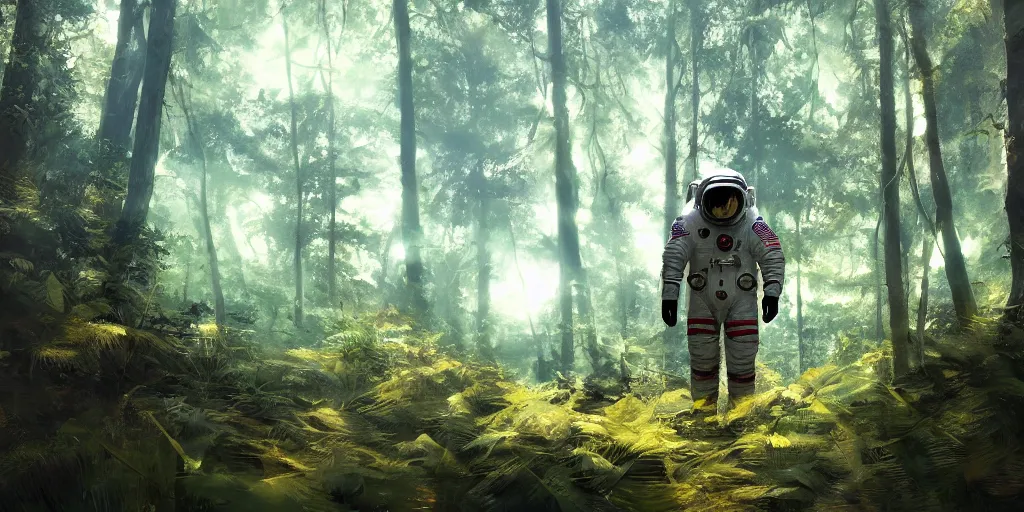 Image similar to american astronaut in the forest, plants environment, wide angle, cinematic lighting, atmospheric, realistic, octane render, highly detailed, in the style of craig mullins