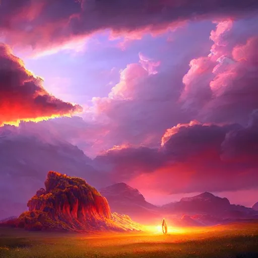 Image similar to A real photographic landscape painting with incomparable reality，the phoenix，Colorful clouds, fairy tale , light effect , Dream , Dindar light , Greg Rutkowski , unreal engine , Super realistic painting style, super wide ,artstation