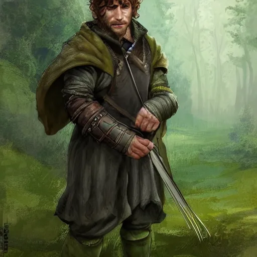 Prompt: a rugged warrior hobbit in leather armor with very short hair and a dark green cloak and dark green hood hiking through the forest holding a hunting bow, clean shaven, trending on artstation, realistic, detailed, by Tony Sart
