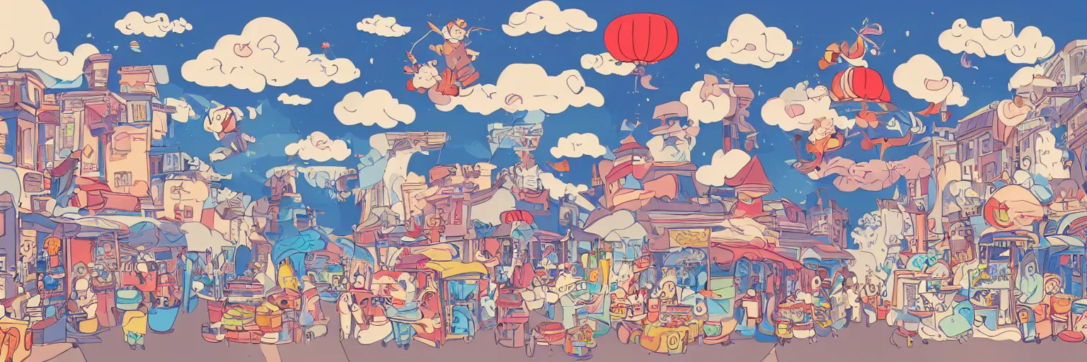 Image similar to a fantastical cartoon world in the clouds, barber shop, street market, nimbus clouds, cartoon characters with big teeth, small chinese style dogs, extremely wide shot, strong composition, fun and playful colors, thick ink lines, in the style of billy wu, trending on behance.