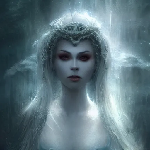 Prompt: kerli koiv as the lady of the lake, darkwave, darksynth, concept headshot art, sharp, digital matte painting, art by luis royo, greg rutkowski, wlop, dramatic lighting, trending on artstation