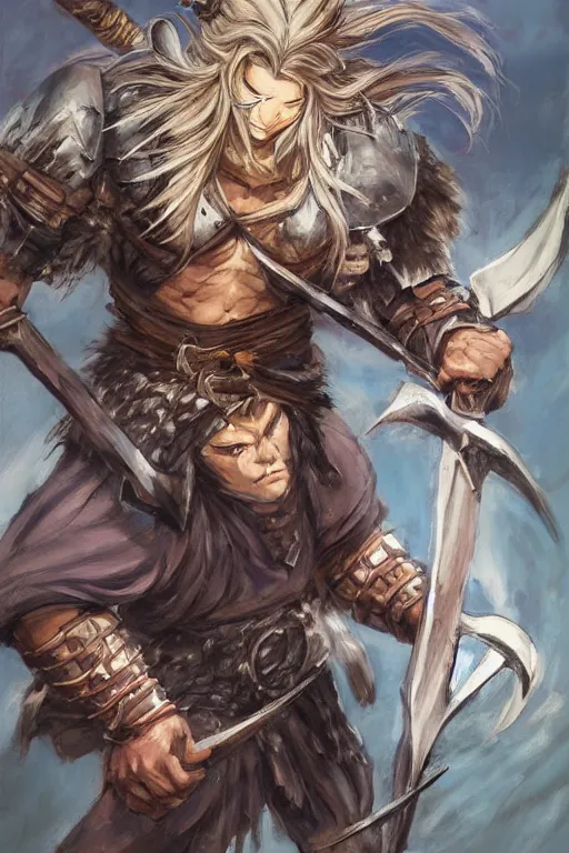 Image similar to A realistic anime portrait of a young handsome male barbarian with long wild hair, intricate fantasy spear, plated armor, vivid colors, colored, D&D, dungeons and dragons, tabletop role playing game, rpg, jrpg, digital painting, by Frank Frazetta and Yusuke Murata, concept art, highly detailed, promotional art, HD, digtial painting, trending on ArtStation, golden ratio, rule of thirds, SFW version