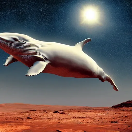 Prompt: whale on mars, photorealistic, very detailed, high definition landscape, beautiful whale, stars in the sky, award winning photograph