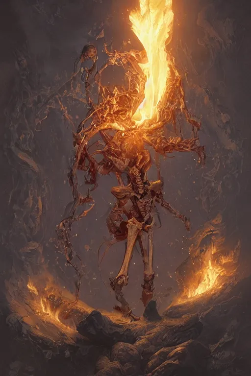 Image similar to skeleton burning in yellow flame spell scroll art by artgerm and greg rutkowski and Craig Mullins, James Jean, Andrey Ryabovichev, Mark Simonetti and Peter Morbacher 16k