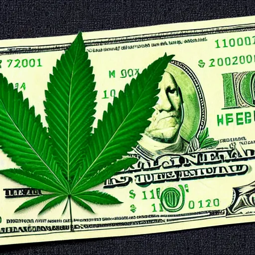 Prompt: money with an illustration of a hemp leaf instead of the president