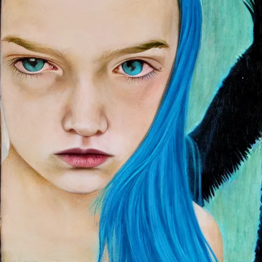 Prompt: portrait of young girl half dragon half human, blue hair, David Lynch