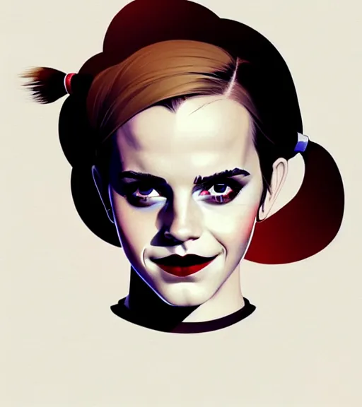 Image similar to portrait of emma watson as harley quinn by atey ghailan, by greg rutkowski, by greg tocchini, by james gilleard, by joe fenton, by kaethe butcher, dynamic lighting, gradient light blue, brown, blonde cream and white color scheme, grunge aesthetic