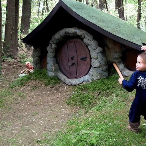 Image similar to a kid in swat gear storming a hobbit house.