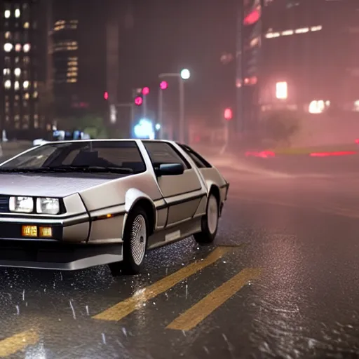 Image similar to hyperdetailed, photorealistic photograph of a dmc 1 2 delorean driving in the streets, rain, night, dense fog, hd, unreal engine 5