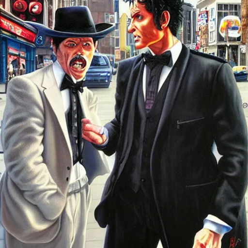 Prompt: a realistic painting of a man in a tuxedo confronting a demon in a busy city street by Jason Edmiston,