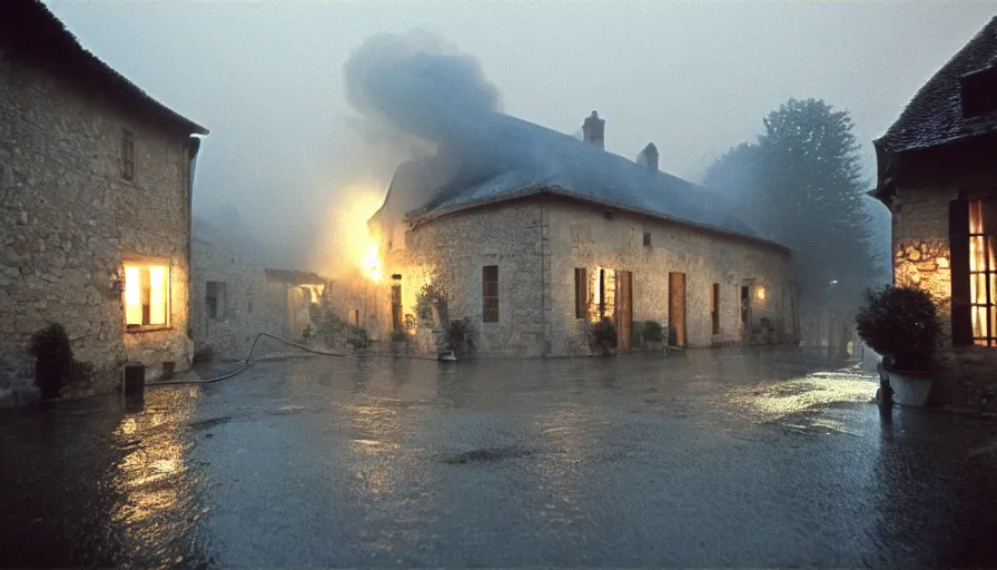 Image similar to 1 9 7 0 s movie still of a heavy burning french style stonehouse in a small southern french village by night rain fog, cinestill 8 0 0 t 3 5 mm, heavy grain, high quality, high detail, dramatic light, anamorphic, flares